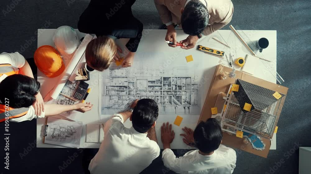 Aufkleber top down view of skilled engineer team talking about house construction. aerial view of group of arc