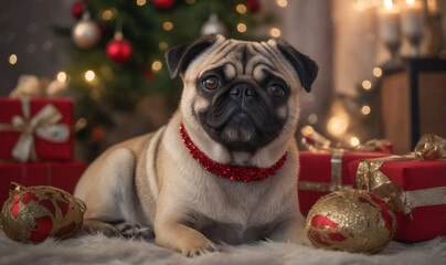 Pug with Santa hat surrounded by bright ornaments and ribbons.