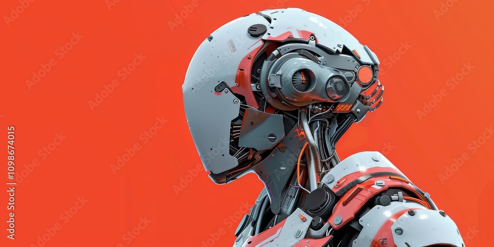 Poster a robot with a white helmet and red and black parts. the robot is standing on a red background