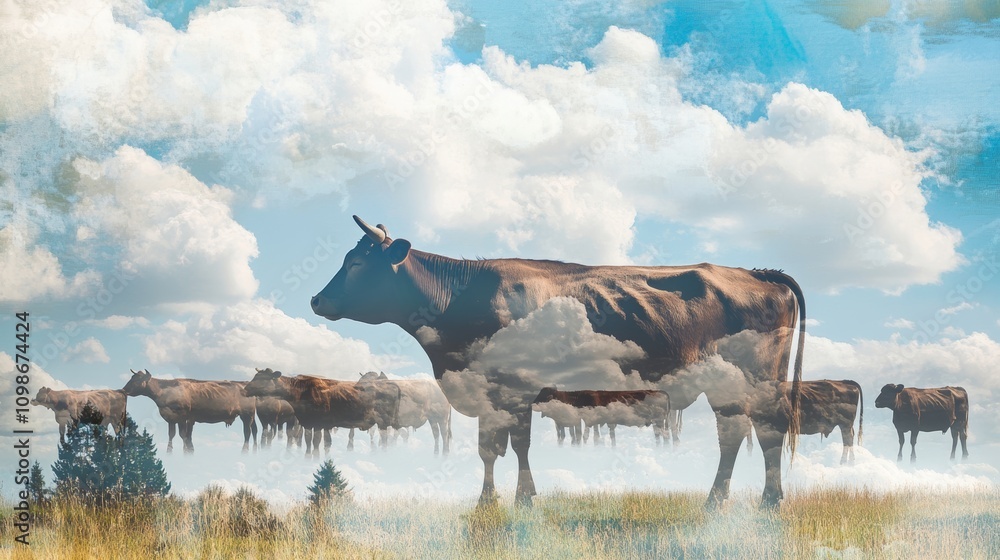 Poster artistic double exposure of cows grazing in a field with a cloudy sky, creating a surreal and dreamy
