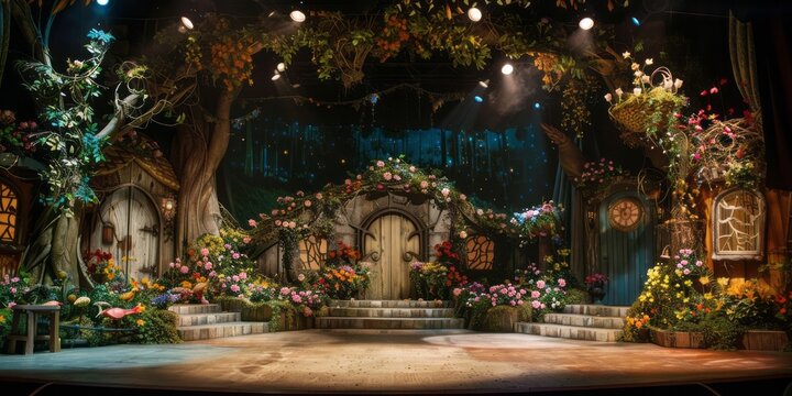 A magical fairy tale forest stage set adorned with vibrant flowers, whimsical lighting, and enchanting details, perfect for theater productions and fantasy-themed photography.