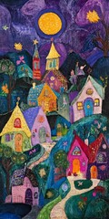 Obraz premium A vibrant, whimsical village scene at night with colorful houses and a bright moon illuminating the fantasy landscape.