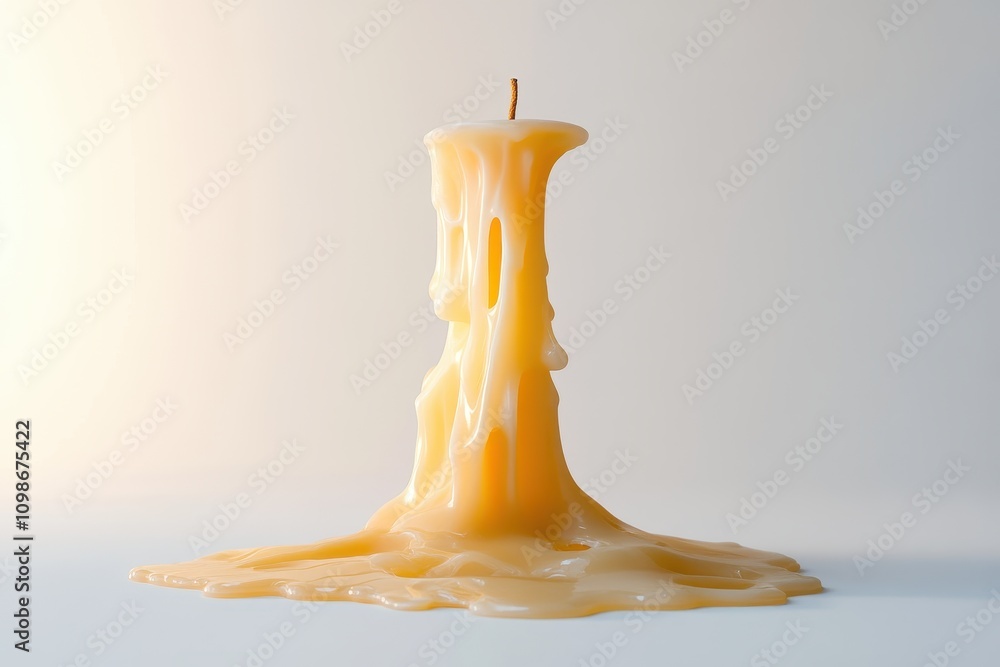 Poster Melted candle creating a soft glow and puddle of wax on a simple background
