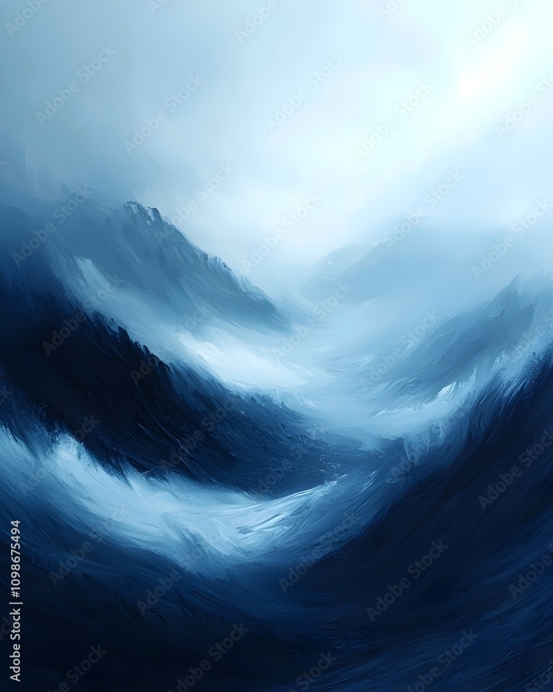 Poster a mesmerizing abstract landscape of deep blue waves crashing against each other, creating a sense of