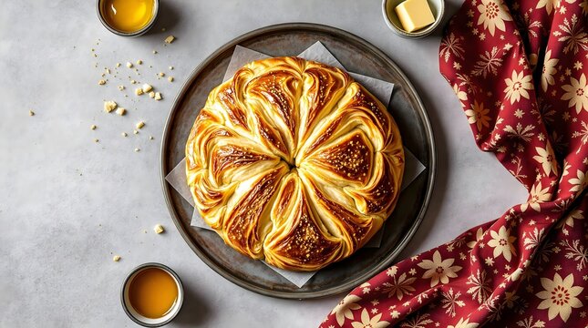 Traditional Patyr Non Bread with Butter and Honey (Uzbekistan Cuisine)