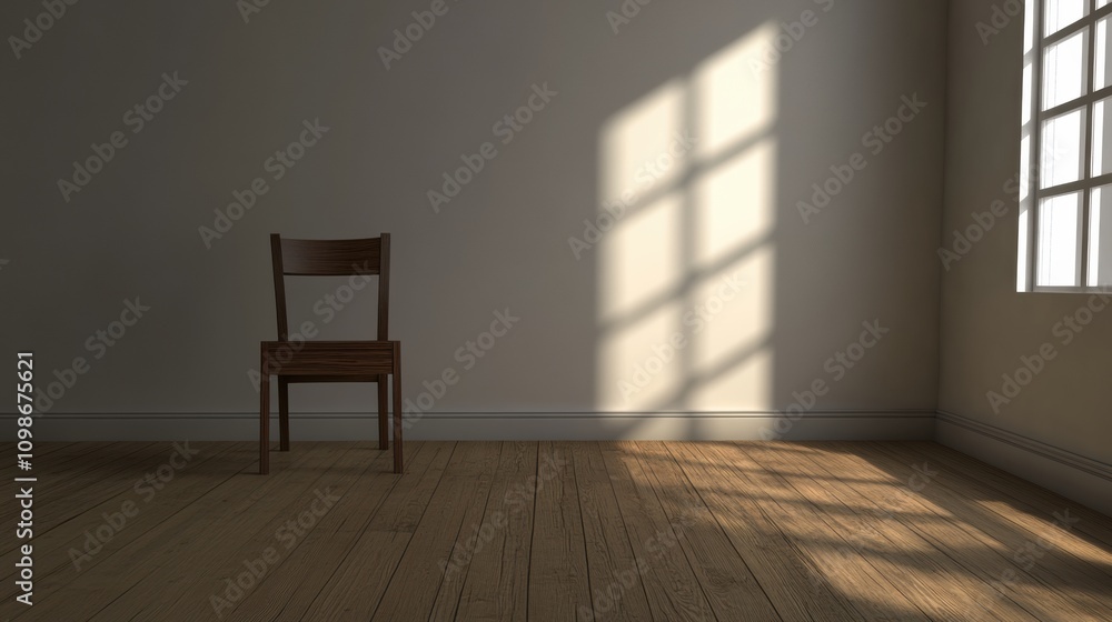 Poster bright sunlight filters through the window, casting shadows on the wooden floor in the quiet, empty 