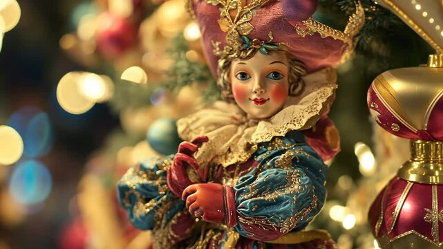Festive nutcracker ornament in focus with sparkling holiday lights