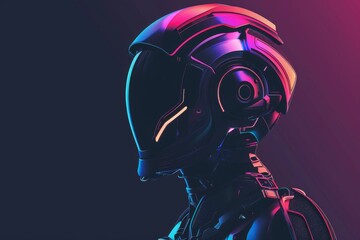 Naklejka premium A robot with a helmet on a dark background. The helmet is glowing. The robot is wearing a black suit