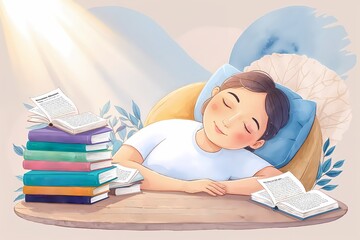 Young person peacefully sleeping while surrounded by colorful books on a cozy desk