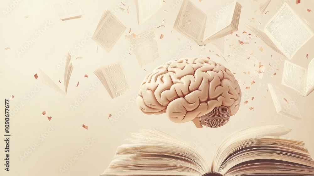 Aufkleber a human brain hovers above an open book, with pages flying around, symbolizing the endless pursuit o