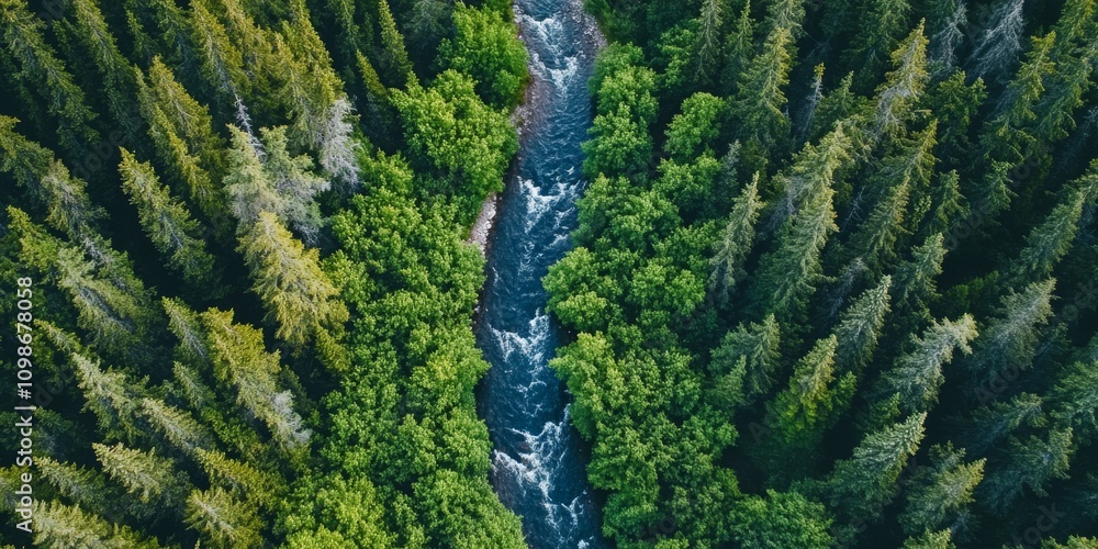Poster a river with trees on both sides. the trees on the left side are green and the trees on the right si