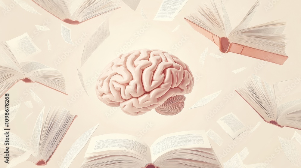 Aufkleber A brain floats amidst open books and turning pages, illustrating the continuous journey of learning and the quest for knowledge. Generative AI