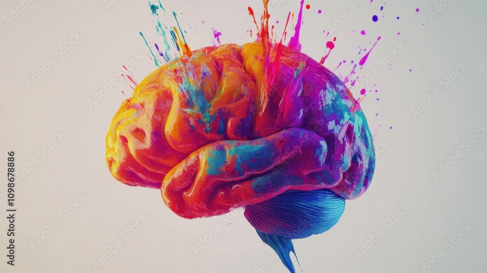 Leinwandbilder A brain covered in vibrant paint splashes displays creativity and artistic expression, highlighting the fusion of art and science. Generative AI