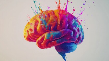 A brain covered in vibrant paint splashes displays creativity and artistic expression, highlighting the fusion of art and science. Generative AI