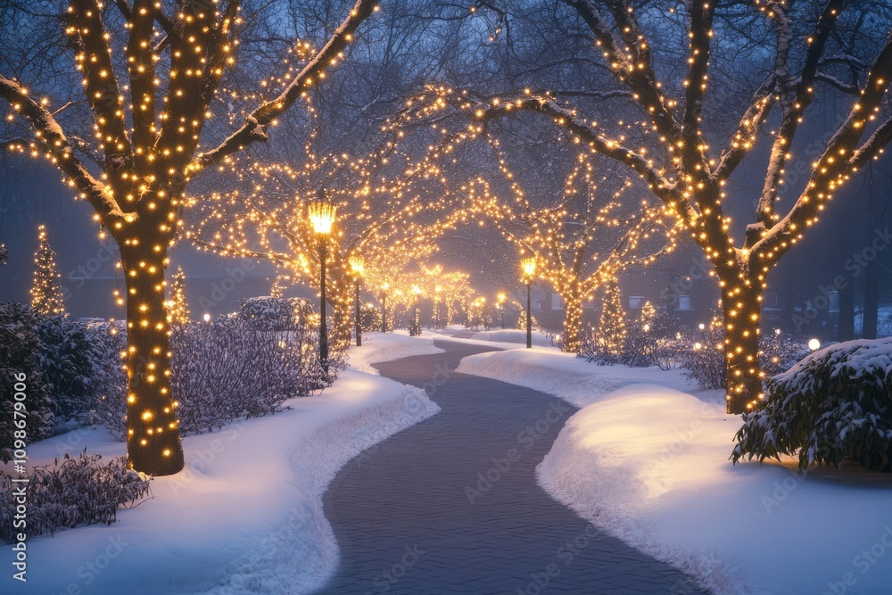 Poster a serene winter scene featuring a snow-covered pathway lined with trees adorned in twinkling lights,