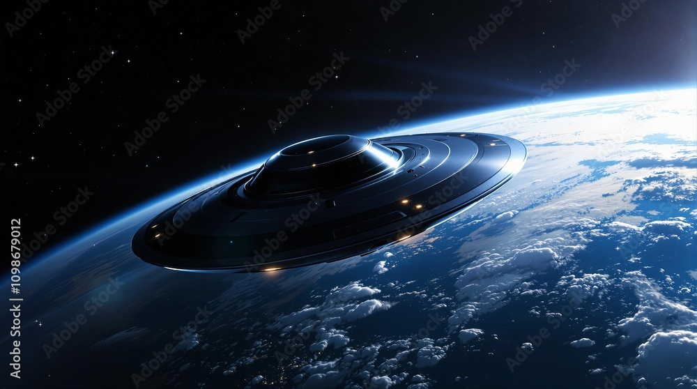 Poster futuristic spaceship orbiting earth in outer space at night with stars in background
