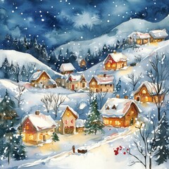 Naklejka premium Charming winter village with snow-laden cottages and trees, illuminated under a starry night sky in a serene mountain setting.