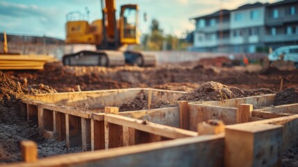 Fototapeta premium construction site with leveled ground, wooden molds for foundation ready for concrete