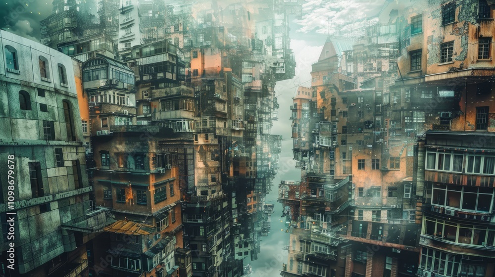 Poster surreal cityscape texture background with distorted buildings and surreal architectural details