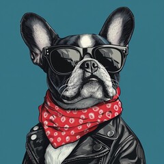 grumpy female french bulldog wearing leather jacket stylish sunglasses and bandana, graphic art, pop art vector style