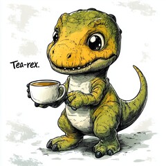 kawaii cartoon A dinosaur holding a cup of tea, with the quote "Tea-rex