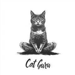 stencil outline of the word "Cat Guru" in a cat doing yoga. stroke 3px. white background 