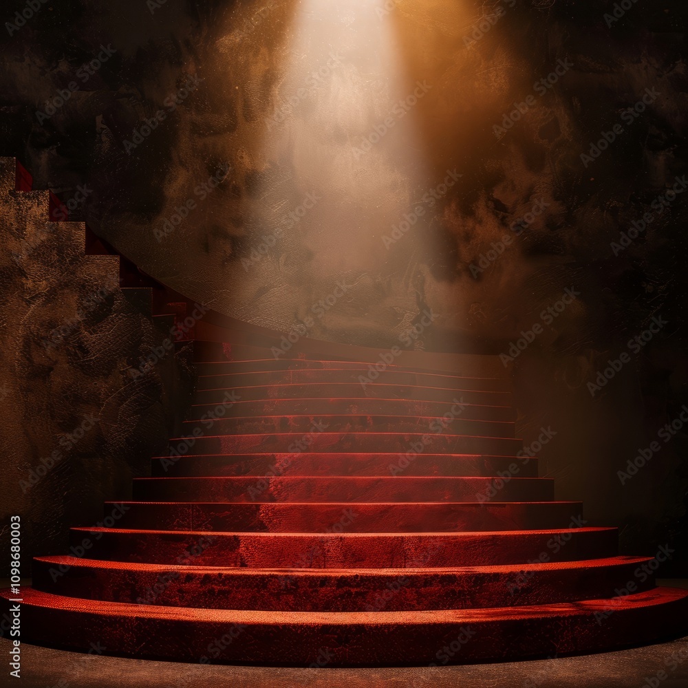Poster a red carpet staircase under a spotlight, creating a dramatic and mysterious atmosphere in a dark se