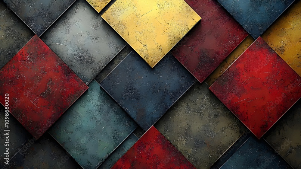 Poster an abstract composition featuring a layered arrangement of textured squares in vibrant shades of red