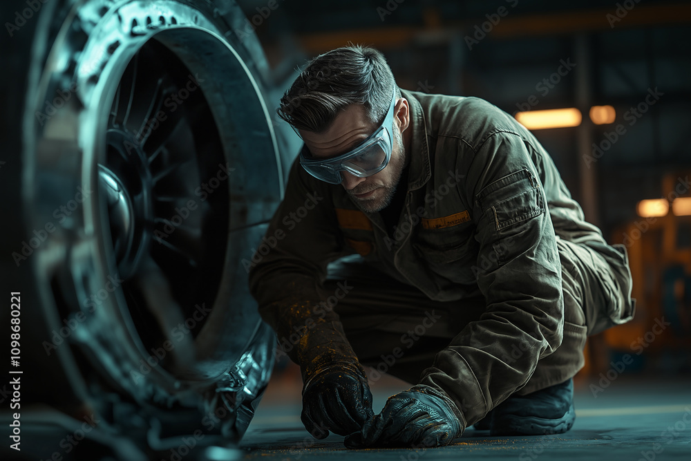 Poster mechanic inspecting a tire in a workshop during evening hours. generative ai