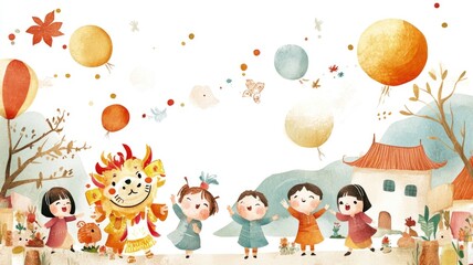 Fototapeta premium Joyful children celebrating autumn festival with lion dance and balloons