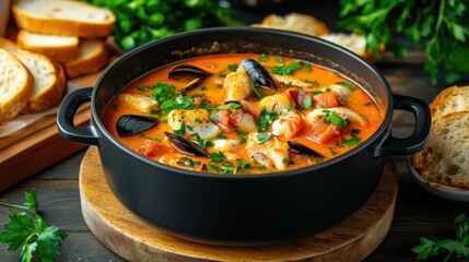A warm bowl of bouillabaisse filled with shrimp, mussels, and fresh herbs is paired with crusty bread, capturing the essence of a cozy, sunlit meal.