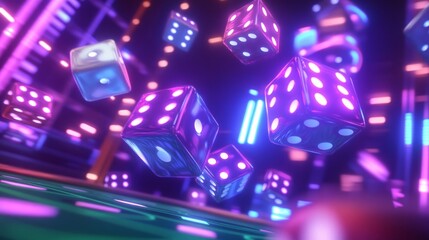 Glowing neon dice falling in a futuristic setting.