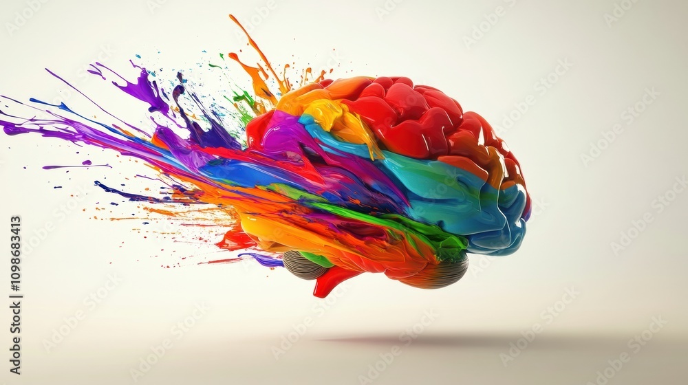 Poster a brain is covered in vivid strokes and splashes of color, representing the fusion of artistry and i