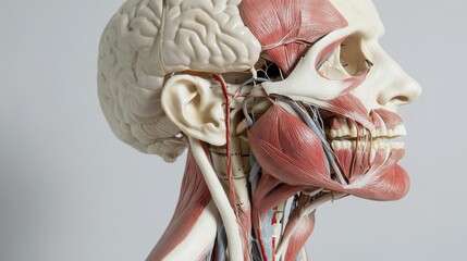 Detailed anatomical model of a human head showcasing muscles, nerves, and brain in profile view, highlighting intricate medical and biological detail.
