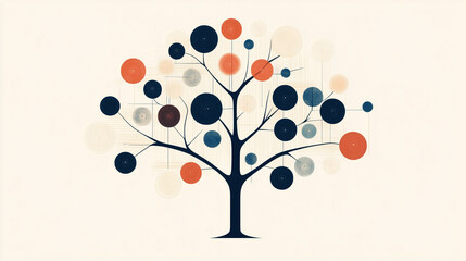 A minimalist family tree with simple lines and circles, showing direct lineage and branching relationships