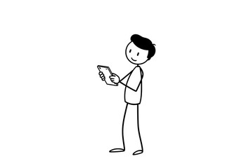 clean vector illustration of a stick figure standing and holding a smartphone, looking at the screen.
