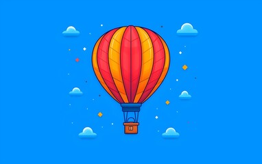 Obraz premium A vibrant, illustrated hot air balloon in bright red and orange hues floats against a blue sky dotted with fluffy clouds and sparkling stars, conveying a sense of adventure and joy.
