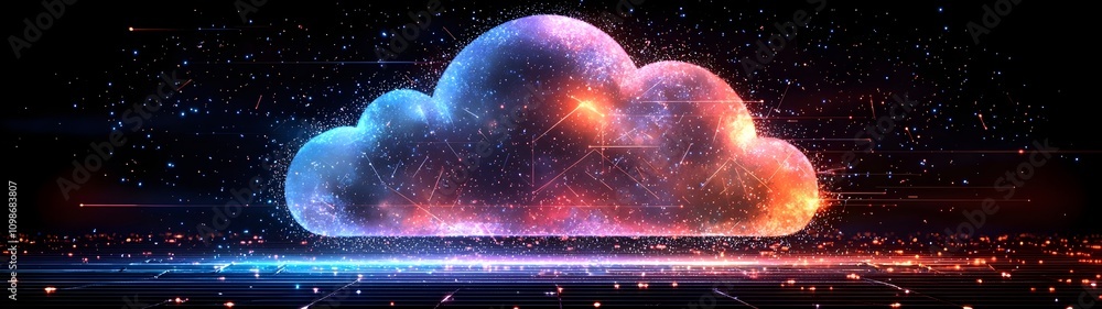 Poster a vibrant, digitally rendered cloud filled with cosmic colors and glittering stars, representing adv