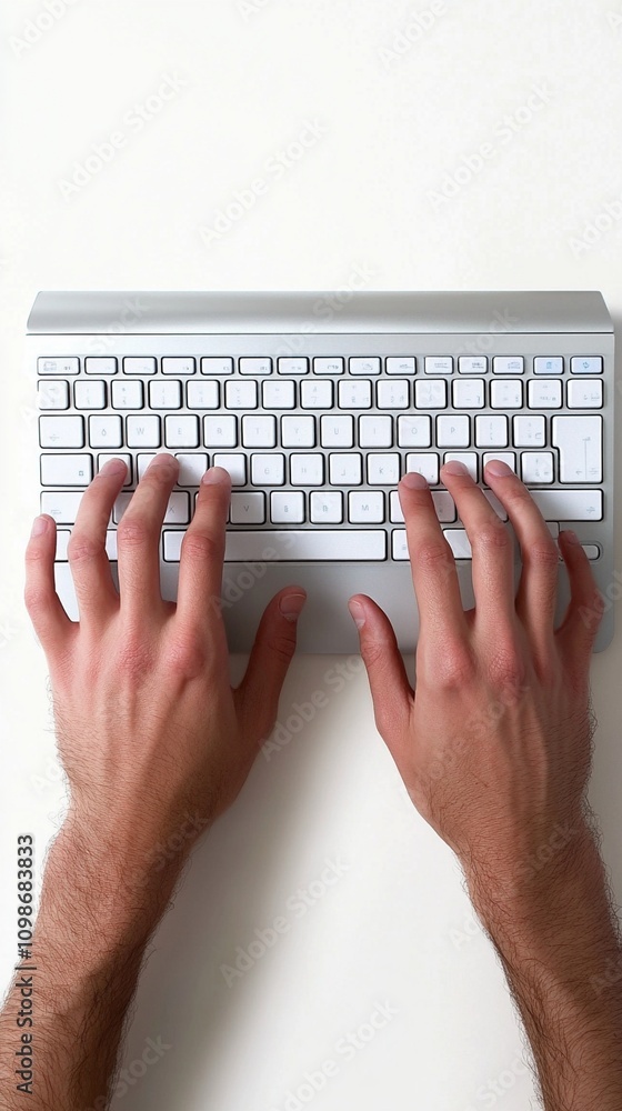 Poster hands poised over sleek white wireless keyboard, ready to type. top-down view captures modern techno
