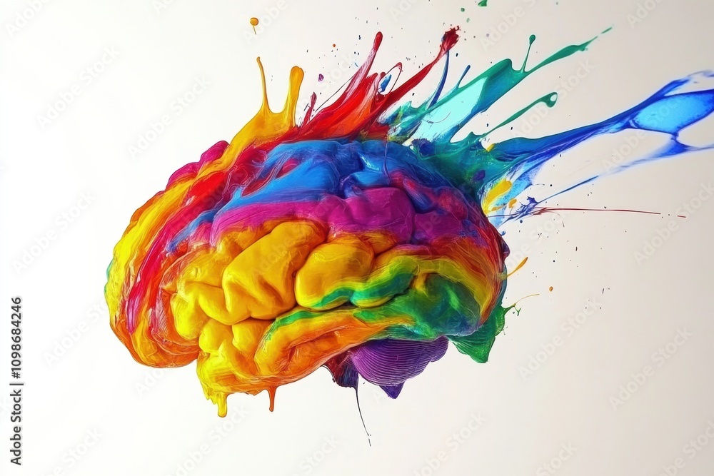 Leinwandbilder a brain sculpture bursts with vibrant paint strokes, showcasing artistic expression and colorful ima