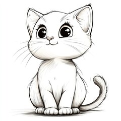 Obraz premium Simple and Cute Line Drawing of Kitten with Big Eyes and Fluffy Tail on White Background