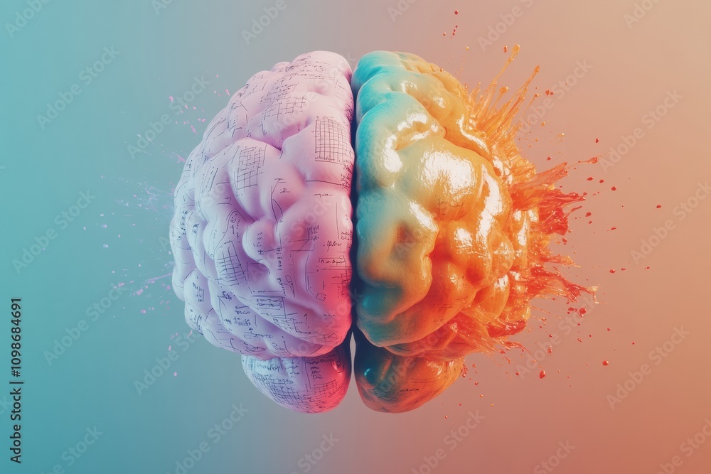 Fototapete Colorful depiction of a brain split into two hemispheres, illustrating various brain functions and emotional responses through vivid colors. Generative AI