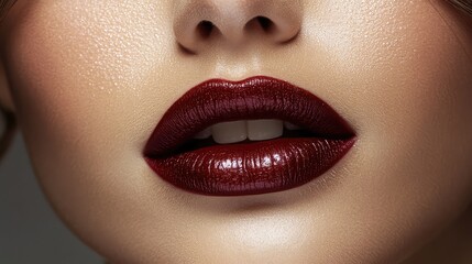 Naklejka premium Close-Up of Woman's Lips with Smooth Skin Highlighting Cosmetics and Hairstyle