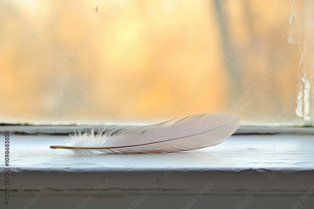 Poster delicate feather resting on a windowsill with soft warm light illuminating the background
