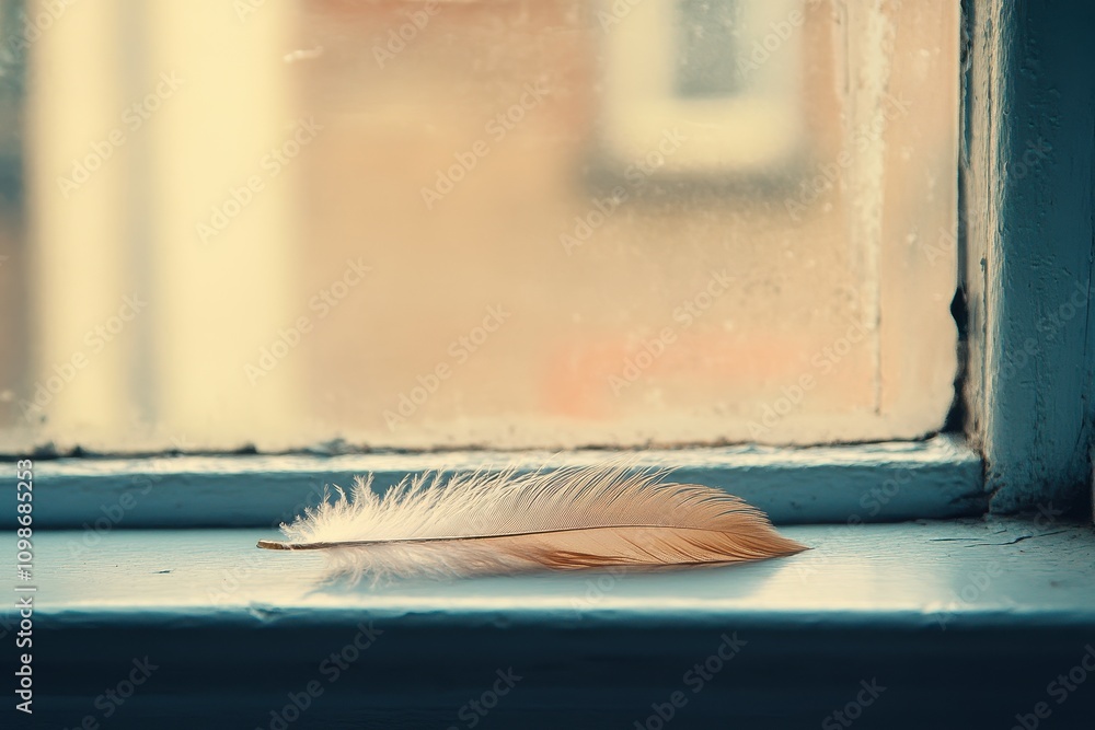 Poster soft feather rests on a windowsill illuminated by natural light in a tranquil setting
