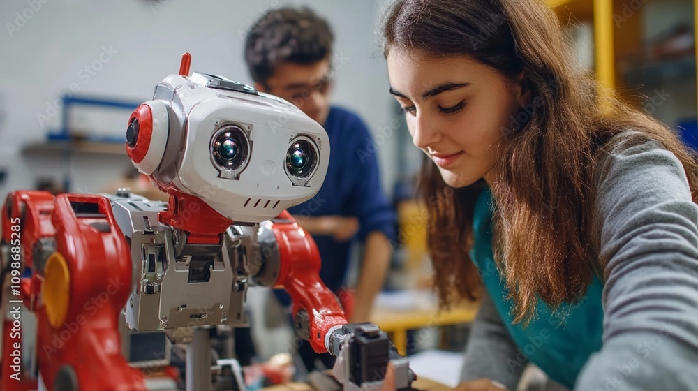 Poster young students engage in robotics project, examining a red and white robot with curiosity. the scene