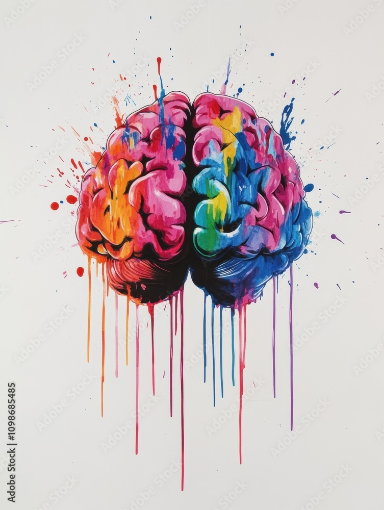 Poster a brain design burst with colorful paint strokes and splashes, symbolizing creativity and diverse th