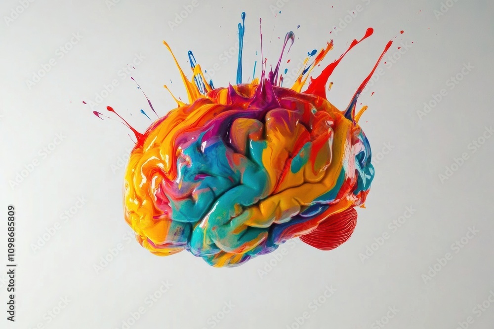 Aufkleber a brain model covered in vibrant paint strokes and splashes amplifies the concept of artistic expres