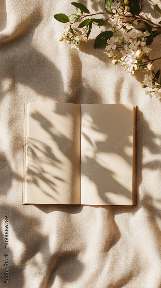 Poster sunlit open book with delicate white blossoms casting soft shadows, creating a serene and poetic atm
