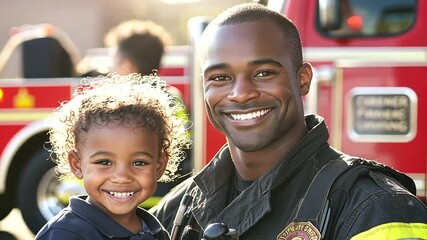 Grateful firefighter and child smiling together outside school